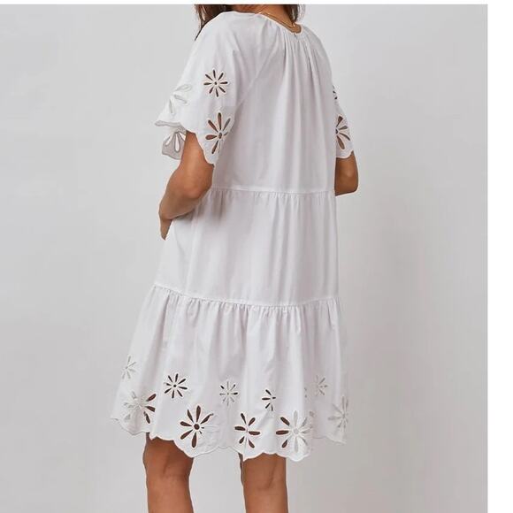 Rails Arielle White Eyelet Cotton Blend Short Sleeve Mini Layered Ruffle Dress - Picture 2 of 16